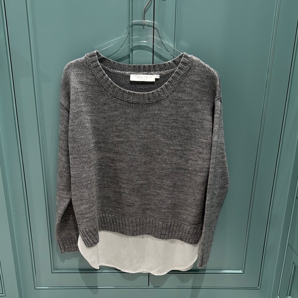 Astr Gray and White Crew Neck Sweater with Layered Design